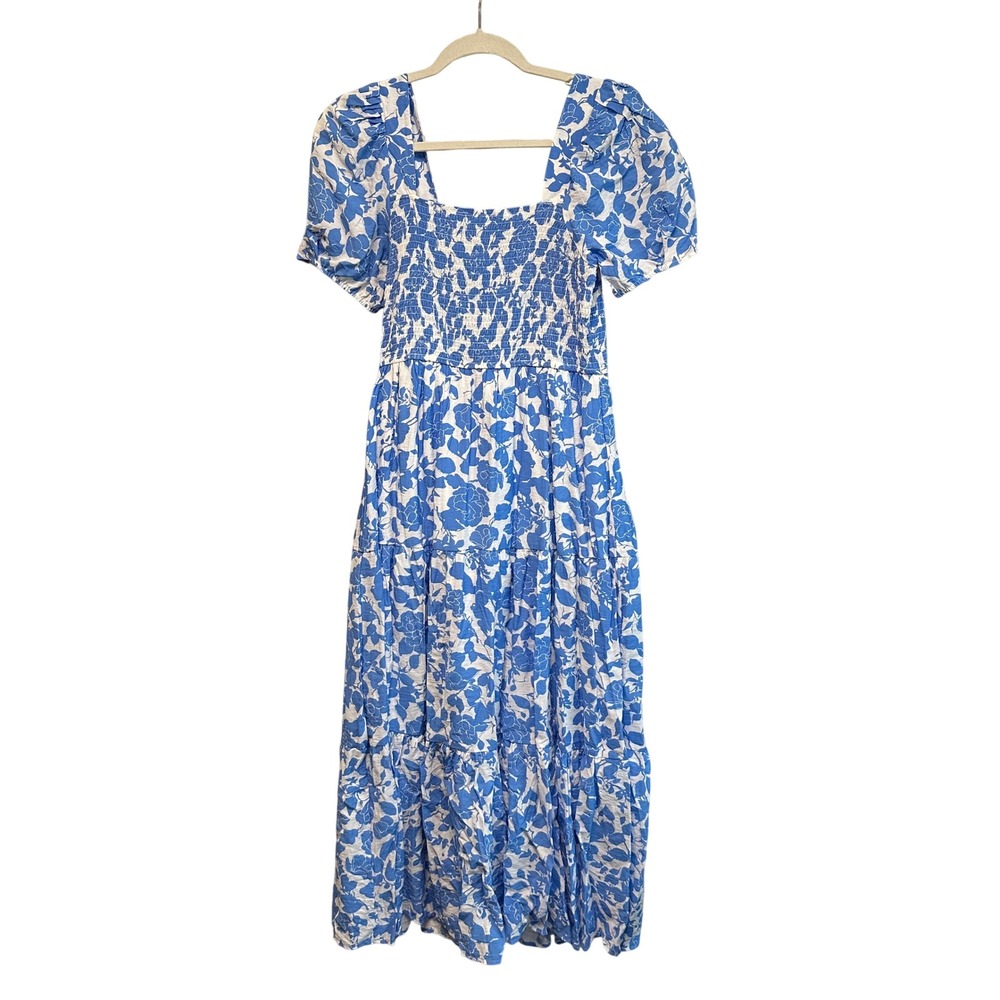 AUGUST SKY Blue White Floral Smocked Puff Sleeve Prairie Milkmaid Maxi Dress M - Picture 2 of 8